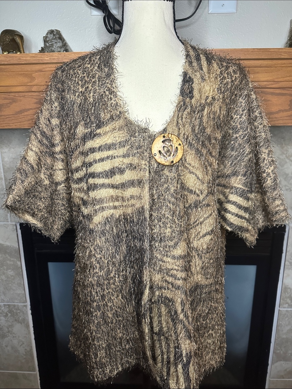 Y2K Katie Todd M Cocoa Animal Print Fuzzy Eyelash Knit Cardigan NWT